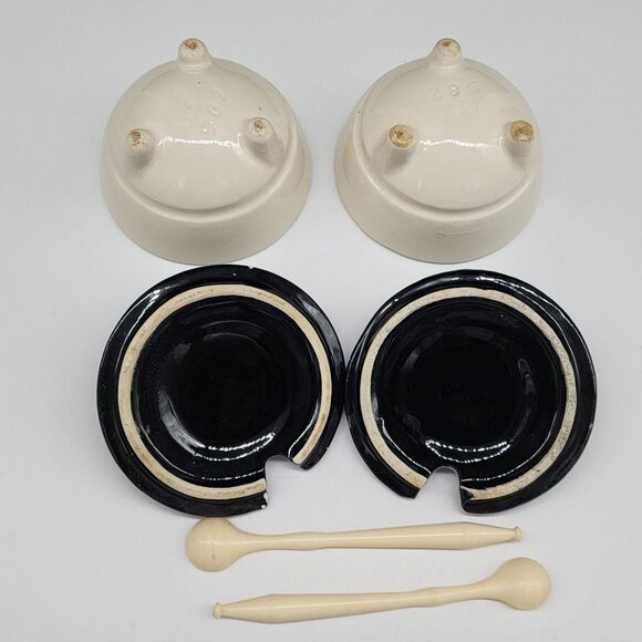 Vintage MCM Shawnee Condiment Bowls With Lids and Spoons Black & Ivory Color - Picture 4 of 10